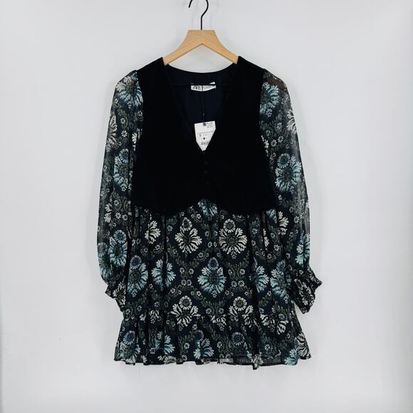 Zara NWT Floral Velvet Vest Overlay Mini Dress Black Blue Boho Romantic Size S - Picture 1 of 10